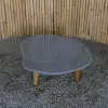 Product image 1 of the product “Unique round flat Table, made from Riverstone slate with teak feet, approx dia. 80cm, 30cm height and 6cm thickness ”